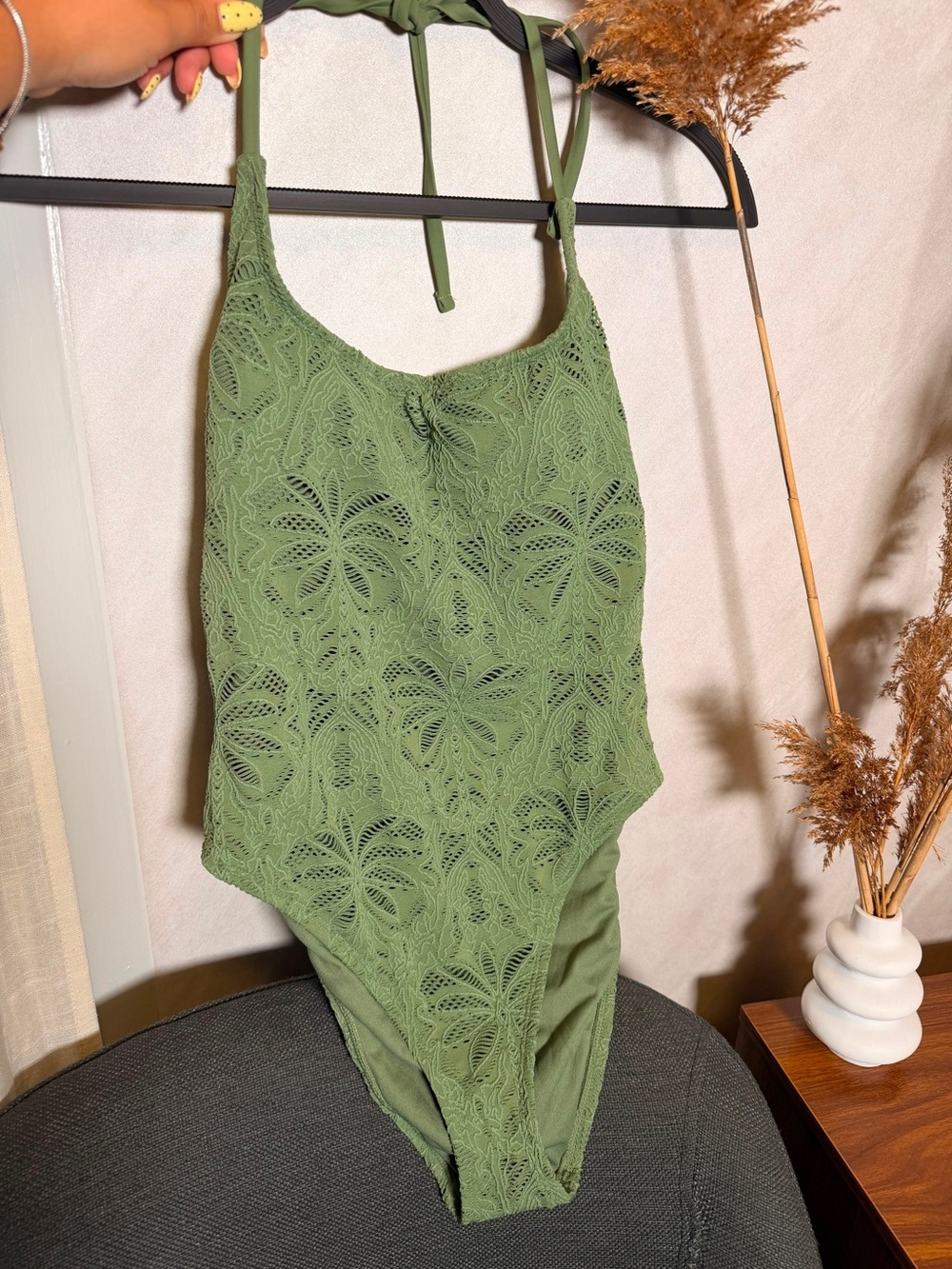 Shade & Shore Olive Green Lace One-Piece Swimsuit